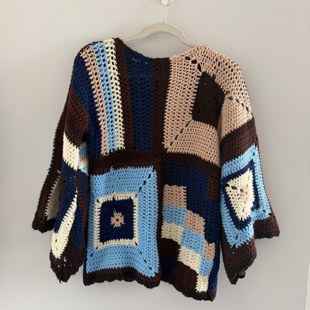 Hand Knit Crochet Patchwork Granny Square Sweater‎ Blue Brown Bell Sleeve Boho